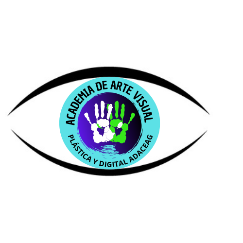 La imagen es una figura de un ojo, en el centro del ojo tiene un circulo celeste que simula la cornea del ojo y alrededor tiene el nombre en letras mayúsculas que dice ACADEMIA DE  ARTE VISUAL PLÁSTICA Y DIGITAL ADACEAG, en el centro del ojo hay dos siluetas de manitas una color blanca y una verde que simulan el iris del ojo con el fondo de color azul y negro.